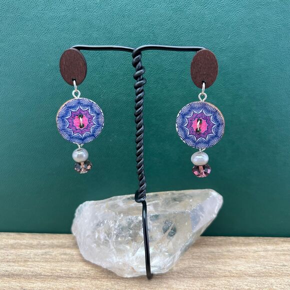 Upcycled Wooden Button Earring-Handmade-Hypoallergenic-Reclaimed Jewelry, Boho - Picture 1 of 7